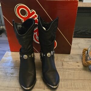 Dingo Black Genuine Pig Leather  Ankle Boots with Silver Accents On Harness